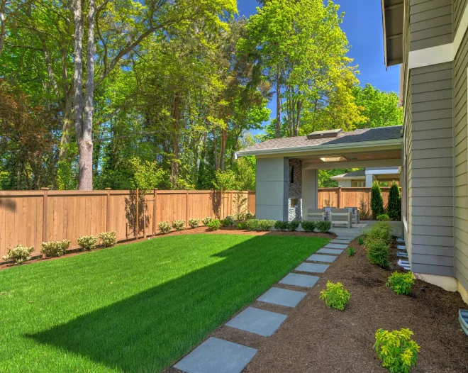 newly installed lawn in a house backyard